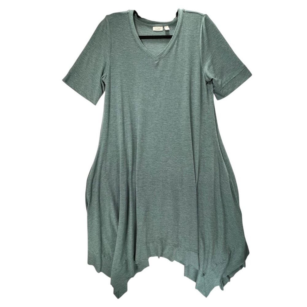 LoGo Lounge Lori Goldstein Dress Handkerchief Hem Teal Blue Lg Short Sleeve